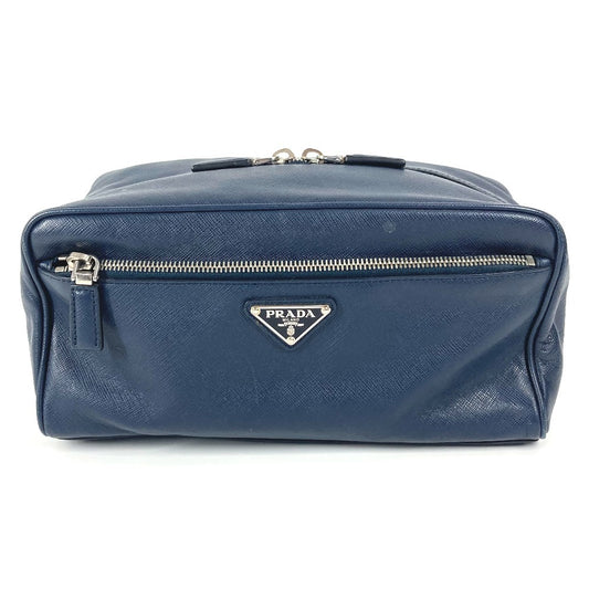 PRADA トライアングルロゴ 三角ロゴ プレート カバン セカンドバッグ クラッチバッグ サフィアーノレザ- ユニセックス ネイビー - brandshop-reference