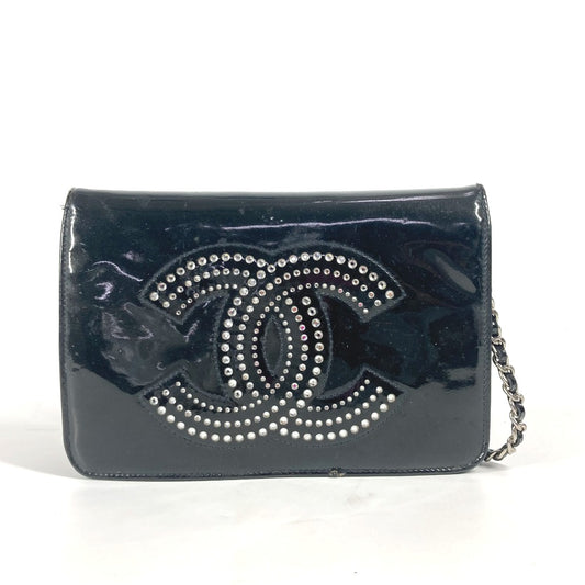 CHANEL Long Wallet with CC Logo, Coco Mark, and Rhinestones, Chain Wallet, Crossbody Bag, Pochette, Shoulder Bag, Patent Leather, Women's, Black
