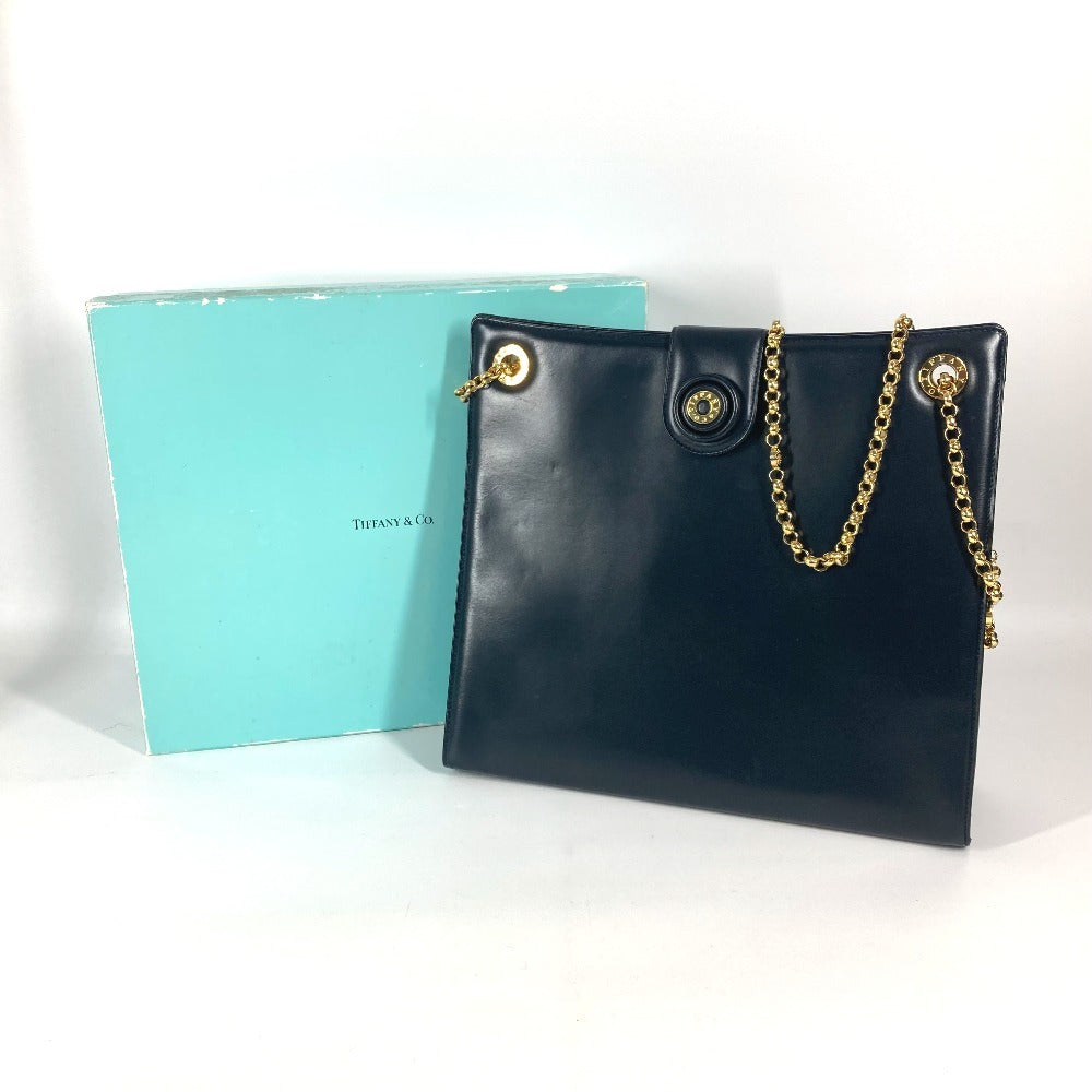 TIFFANY & Co. Round Logo Big Bag, Double Chain Tote Bag, Shoulder Bag, Leather, Women's, Navy