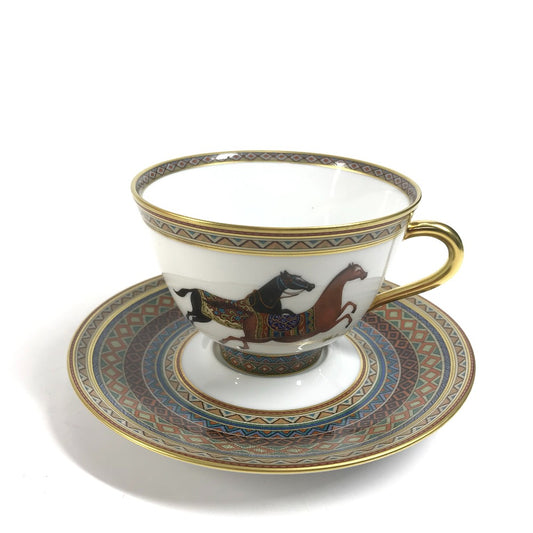 HERMES Horse Teacup & Saucer Set (Chevaldrian) No. 1, Brown, Ceramic, Unisex, Suitable for Coffee and Tea.