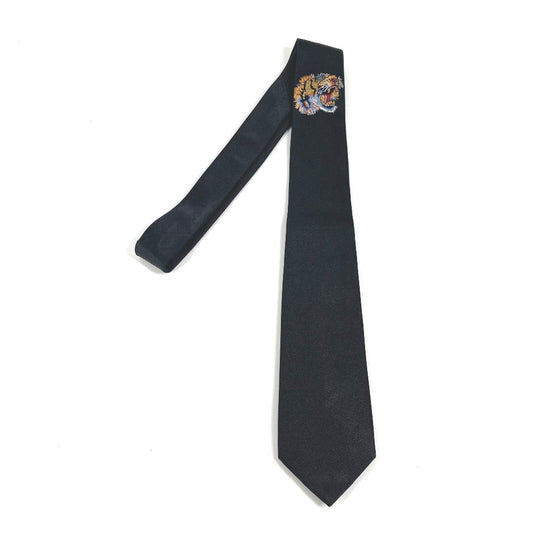 GUCCI Tiger Embroidered Animal Accessory Silk Tie Men's Black