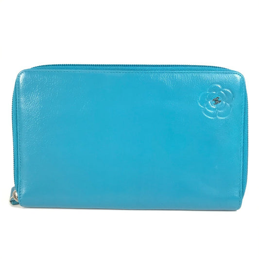 CHANEL Camellia CC Coco Mark Round Zipper Long Wallet Leather Women's Blue