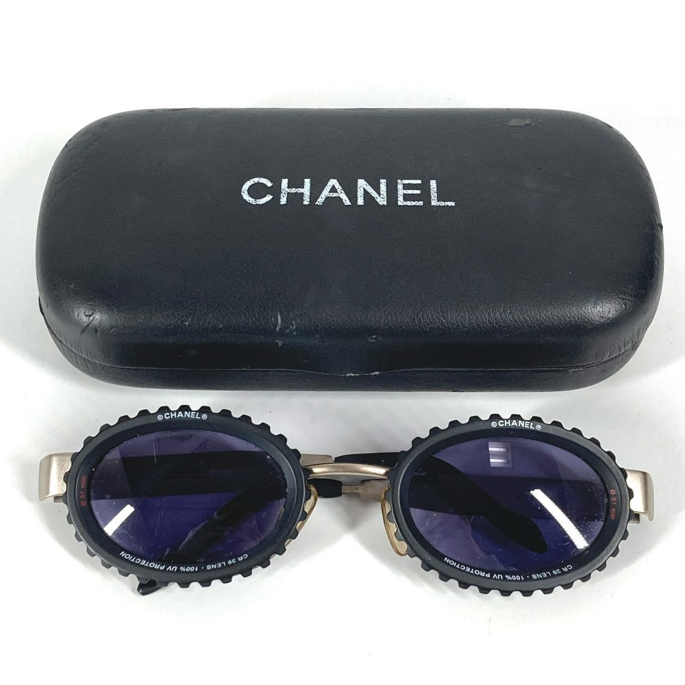 CHANEL 10506 90405 Vintage 31 Rue Cambon Camera Lens Oval Wave Pattern Eyeglasses Eyewear Sunglasses Metal Women's Black