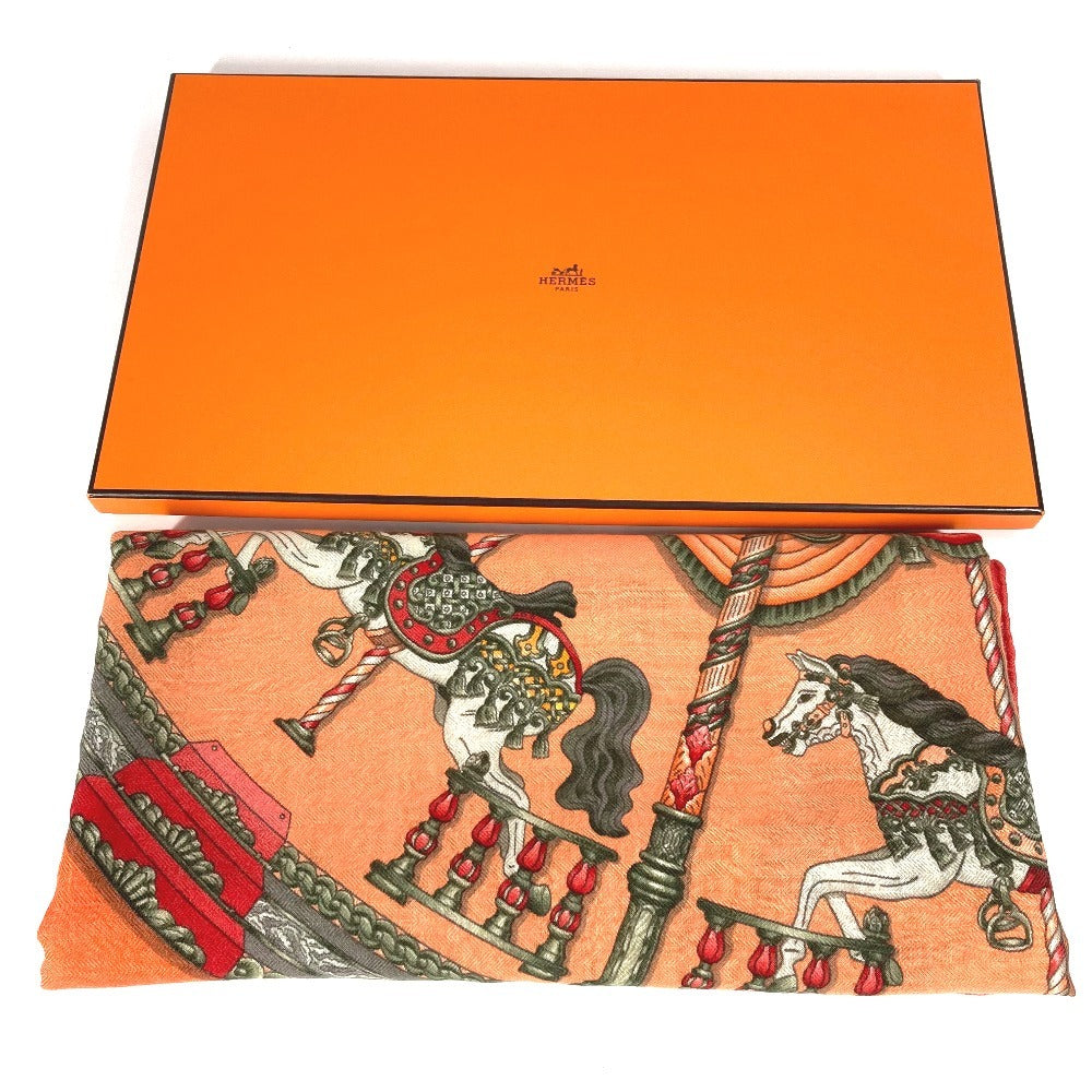 HERMES LUNA PARK Amusement Park Caregean 140 Caregean 140 Large Shawl Stole Scarf Cashmere Women's Orange