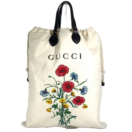 GUCCI 552403 Flower Flora Chateau Marmont Drawstring Tote Bag, Shoulder Bag, Leather/Canvas, Unisex, White