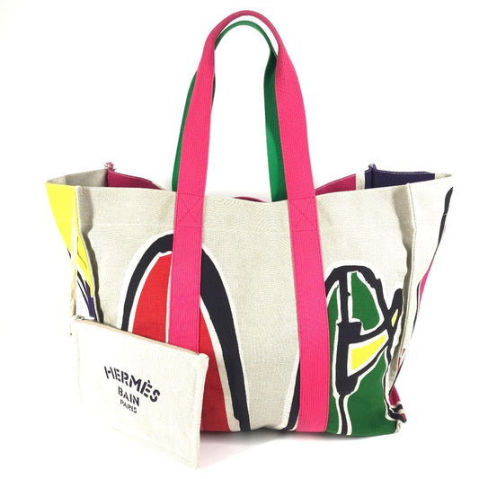 HERMES Tote Bag with Pouch, Sebas de Plage Logo, Shoulder Bag, Boston Bag, Cotton, Unisex, Multicolor