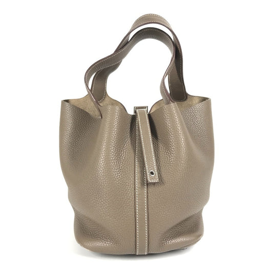 HERMES Picotin Lock MM 22 Handbag, Taurillon Clemence Leather, Etoupe, Gray, Women's