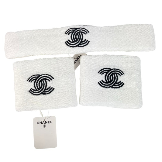 CHANEL AA9752 スポーツ ロゴ 24C ヘアバンド&リストバンド 3点セット ヘッドバンド ヘアアクセサリー ヘアバンド コットン レディース ホワイト
