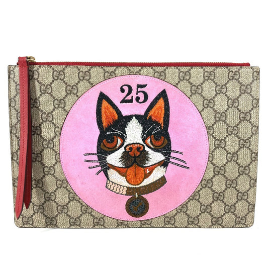 GUCCI 506280 GG Supreme Dog BOSCO Appliqué Pouch/Clutch Bag in GG Supreme Canvas, Unisex, Beige
