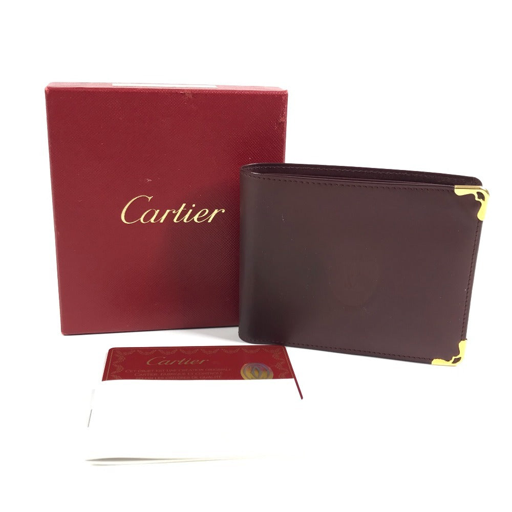 CARTIER マストライン ロゴ 札入れ コンパクトウォレット 2つ折り財布 レザー レディース ワインレッド