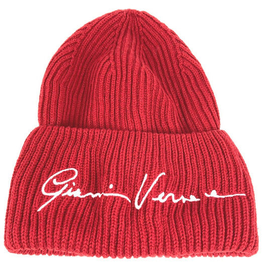 VERSACE Logo Two-Tone Beanie Hat Knit Cap Wool Unisex Red