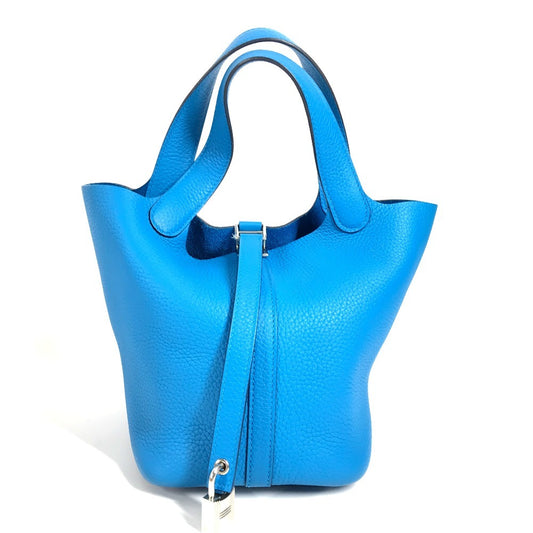 HERMES Picotin Lock PM Tote Bag/Handbag in Taurillon Clemence Leather, Unisex, Blue Frida Blue