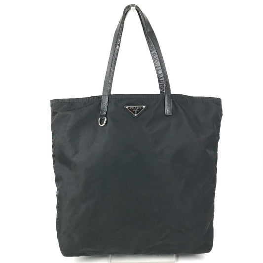 PRADA Triangle Logo Plaque Tote Bag, Shoulder Bag, Vertical Tote, Leather/Nylon, Unisex, Black