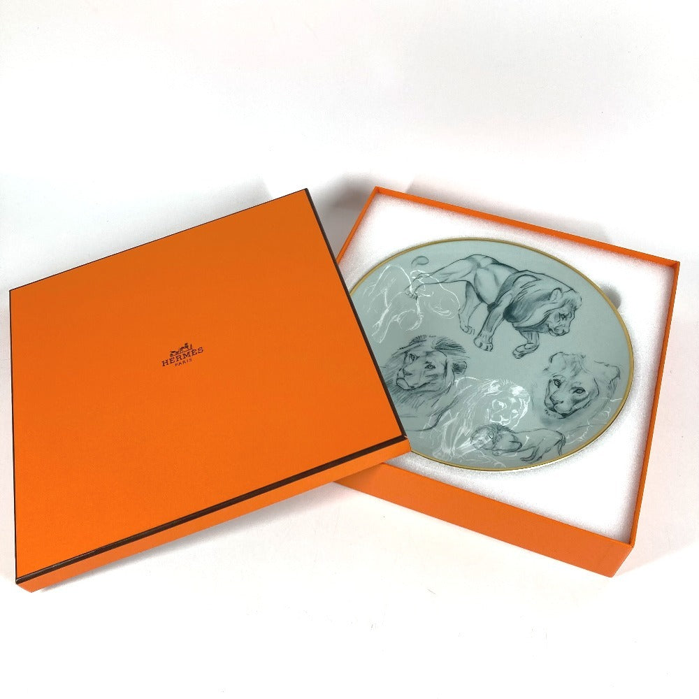 HERMES ライオン 赤道直下のスケッチ 21cm プレート 食器 皿 お皿 陶器 レディース グリーン系