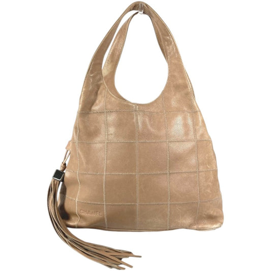 CHANEL Chocolate Bar Logo Fringe Tassel Shoulder Bag for Women, Beige