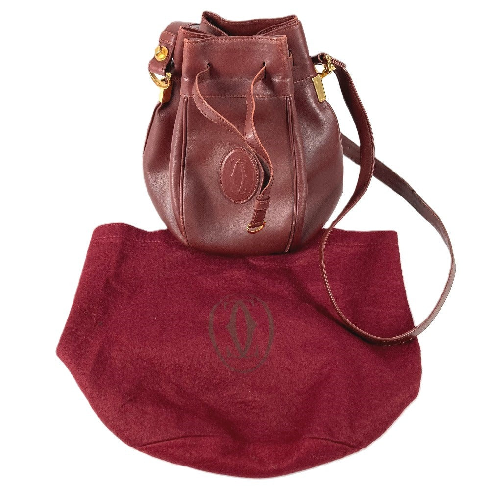 CARTIER Vintage Logo Must Line Bag Crossbody Drawstring Bag Shoulder Bag Leather Unisex Wine Red