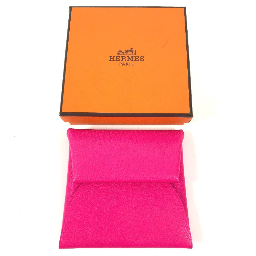 HERMES バスティア 財布 小銭入れ スクエア シルバー金具 コインケース レザー ユニセックス ピンク