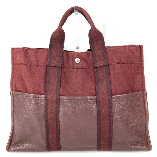 HERMES ハーフレザー 革 フールトゥ トート MM カバン トートバッグ ハンドバッグ コットン レディース ワインレッド
