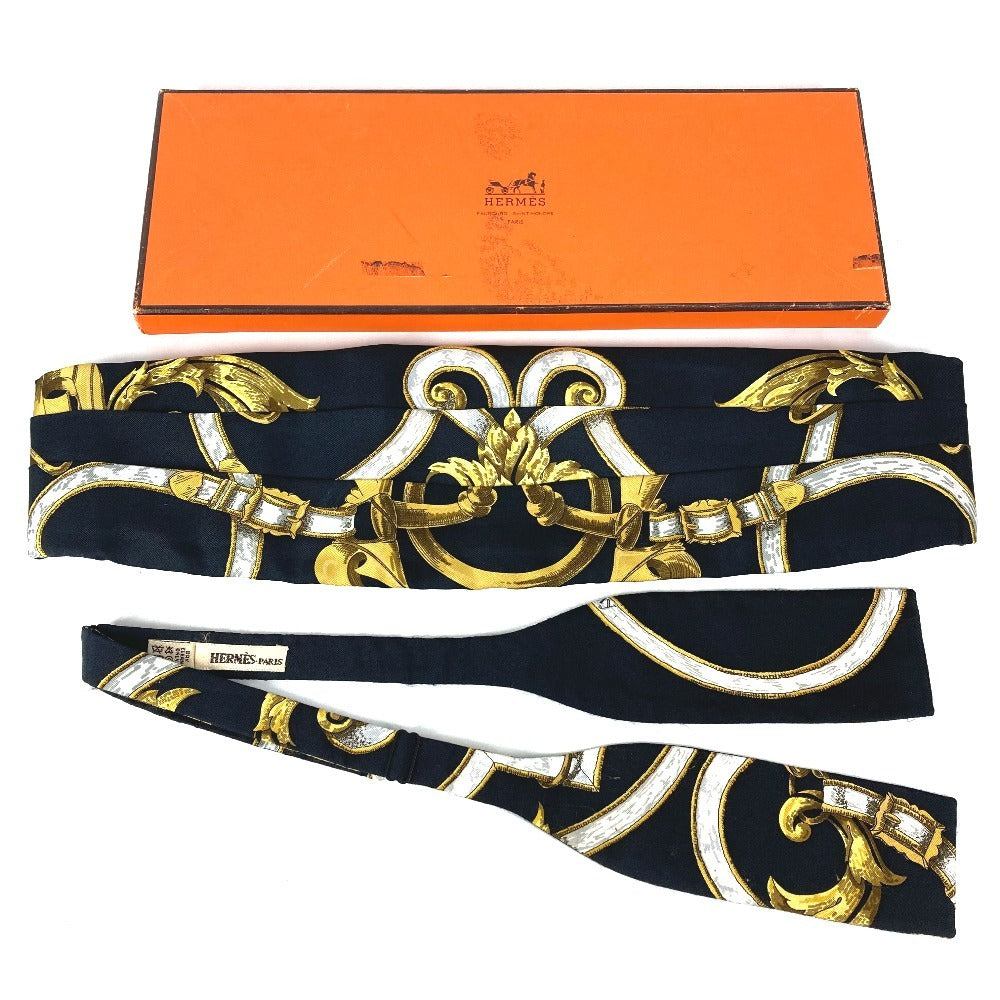 HERMES 総柄 カマーバンド&蝶ネクタイ セット 2点 アクセサリー ネクタイ ベルト シルク メンズ ブラック