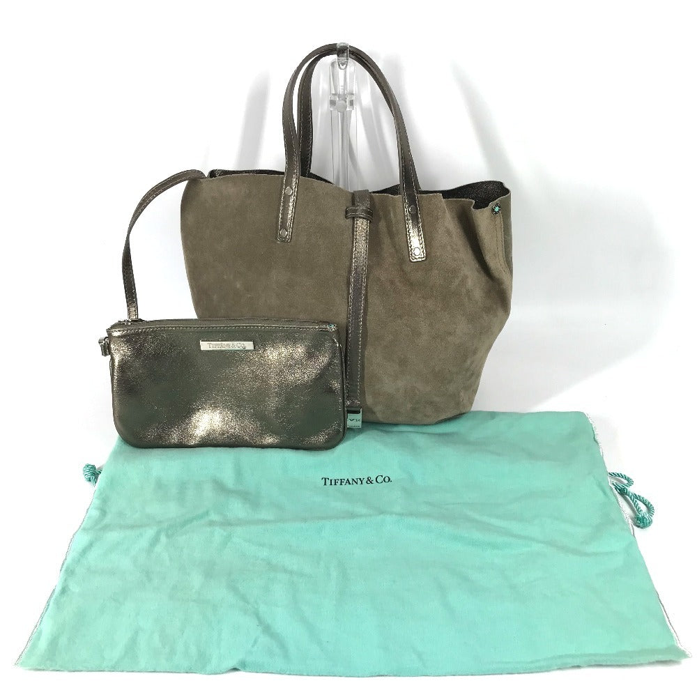 TIFFANY&Co. Logo Tote Bag with Pouch, Handbag, Leather/Suede, Women's, Gold-tone