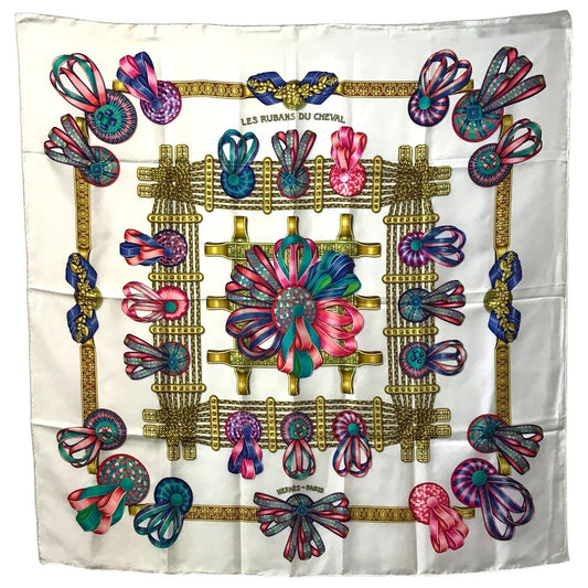 HERMES LES RUBANS DU CHEVAL Horse Ribbons Carre 90 Scarf Silk Unisex White