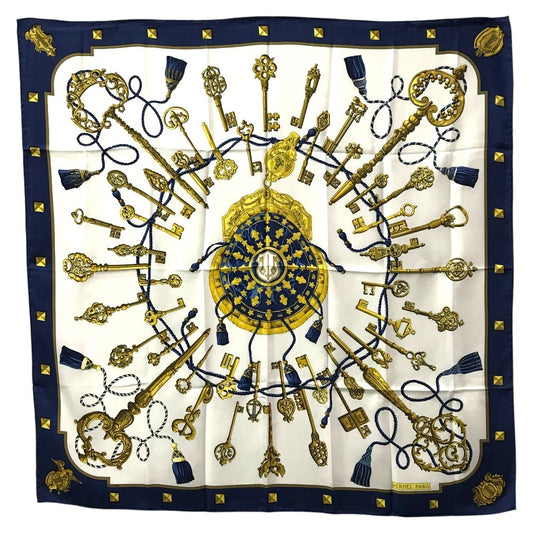 HERMES LES CLES Keys Carre 90 Scarf Silk Unisex Blue