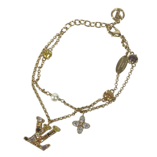 LOUIS VUITTON M1683A Bangle accessory, double strand Lady LV Metal Strass Faux Pearl Rhinestone Chain Bracelet Metal Gold Used