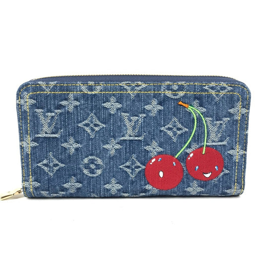 LOUIS VUITTON M23161 Murakami Takashi collaboration Monogram Denim Cherry LV x TM Zippy Wallet Long Wallet Zip Around Wallet Long Wallet Monogram Denim Canvas blue Used