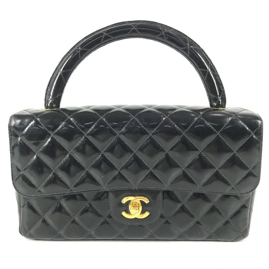 CHANEL vintage Top handle Matelasse Quilted CC CC Mark logo bag flap Hand Bag enamel Black/GoldHardware Used