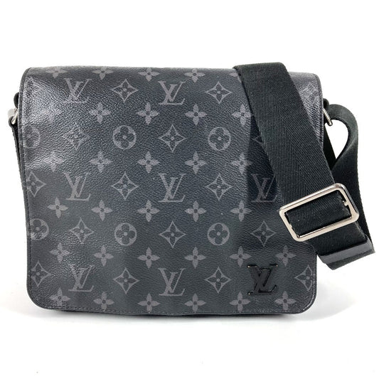 LOUIS VUITTON M44000 Monogram Eclipse District PM NM Crossbody Messenger Bag with Flap, Unisex, Monogram Eclipse Canvas, Black