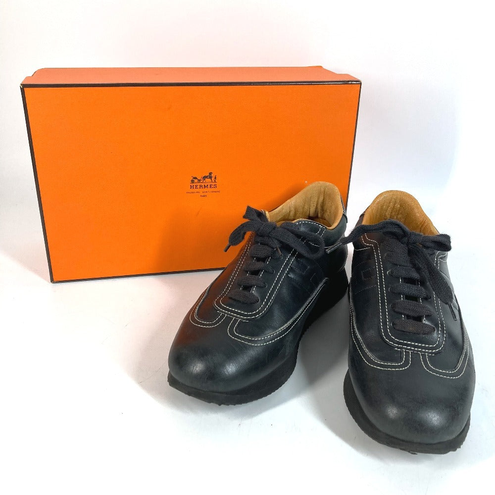 HERMES クイック Hロゴ ステッチ 靴 紐 シューズ スニーカー レザー レディース ブラック