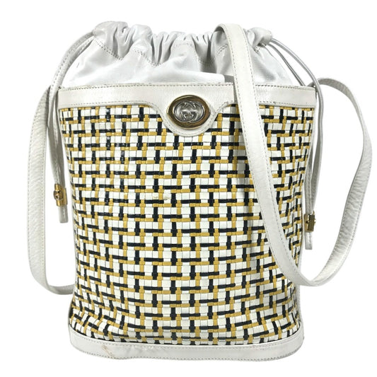 GUCCI 001 397 0572 vintage Logo Braided GG Drawstring Bag Crossbody bag Crossbody Shoulder Bag Leather White/yellow Used
