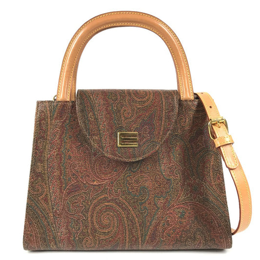 ETRO vintage Paisley pattern logo 2WAY Bag Shoulder Bag Hand Bag Leather BrownBased Used