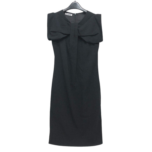 JIL SANDER ชุดเดรสสั้นเหนือเข่าเข้ารูปผ้าขนสัตว์แขนกุดแต่งโบว์สำหรับผู้หญิง สีดำ