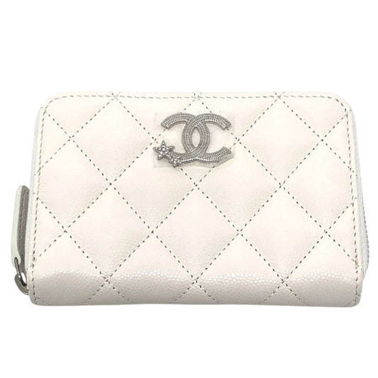 CHANEL AP3728 Star Coco Mark Round Coin Case Compact Wallet Coin Case Caviar Leather Women's White
