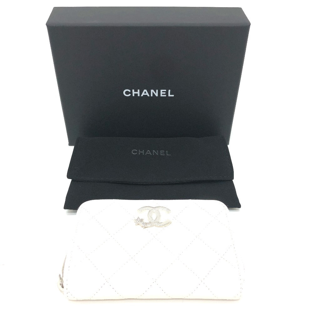 CHANEL AP3728 Star Coco Mark Round Coin Case Compact Wallet Coin Case Caviar Leather Women's White