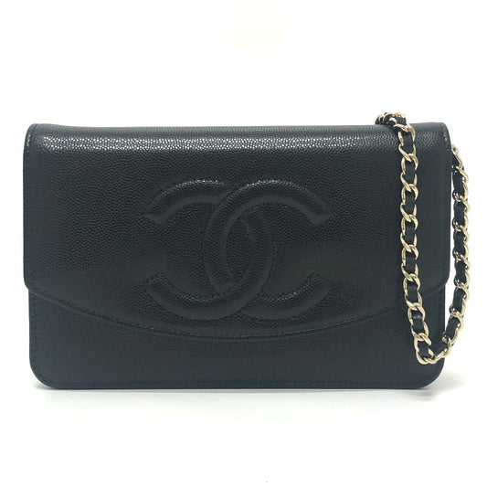 CHANEL AP4653 Long Wallet, Métiers d'Art Collection Coco Mark Grained Shiny Chain Wallet Shoulder Bag, Calfskin, Black