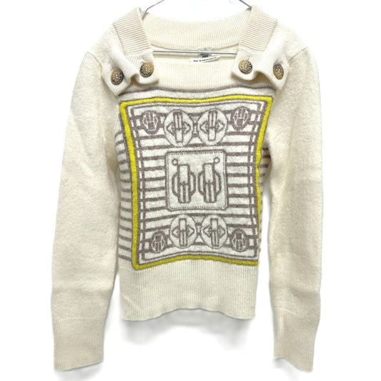 HERMES Button-Collar Striped Knit Sweater, Cashmere, Women's, White x Gray x Yellow