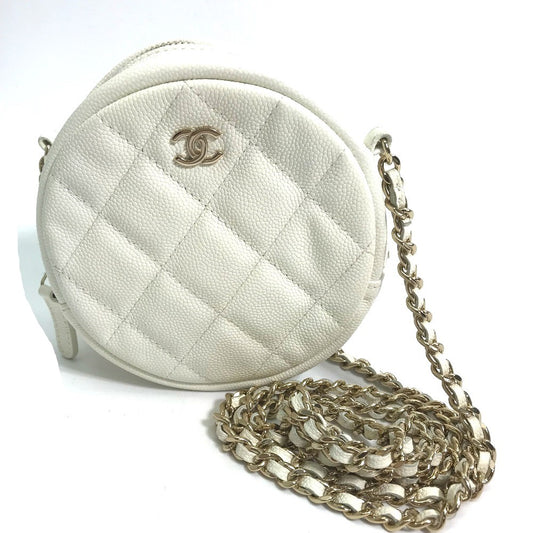 CHANEL CC Coco Mark Pochette Matelasse Quilted Round Chain Bag, Crossbody Shoulder Bag, Caviar Skin, White