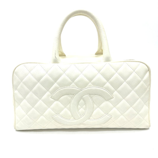 CHANEL CC Coco Mark Boston Bag, Quilted Matelasse Handbag, Caviar Skin, Women's, White
