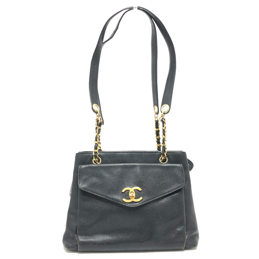 CHANEL CC ココマーク チェーン カバン 肩掛け トートバッグ キャビアスキン レディース ブラック