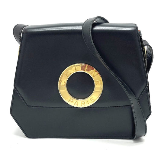 CELINE Logo Accordion Shoulder Bag in Black Leather