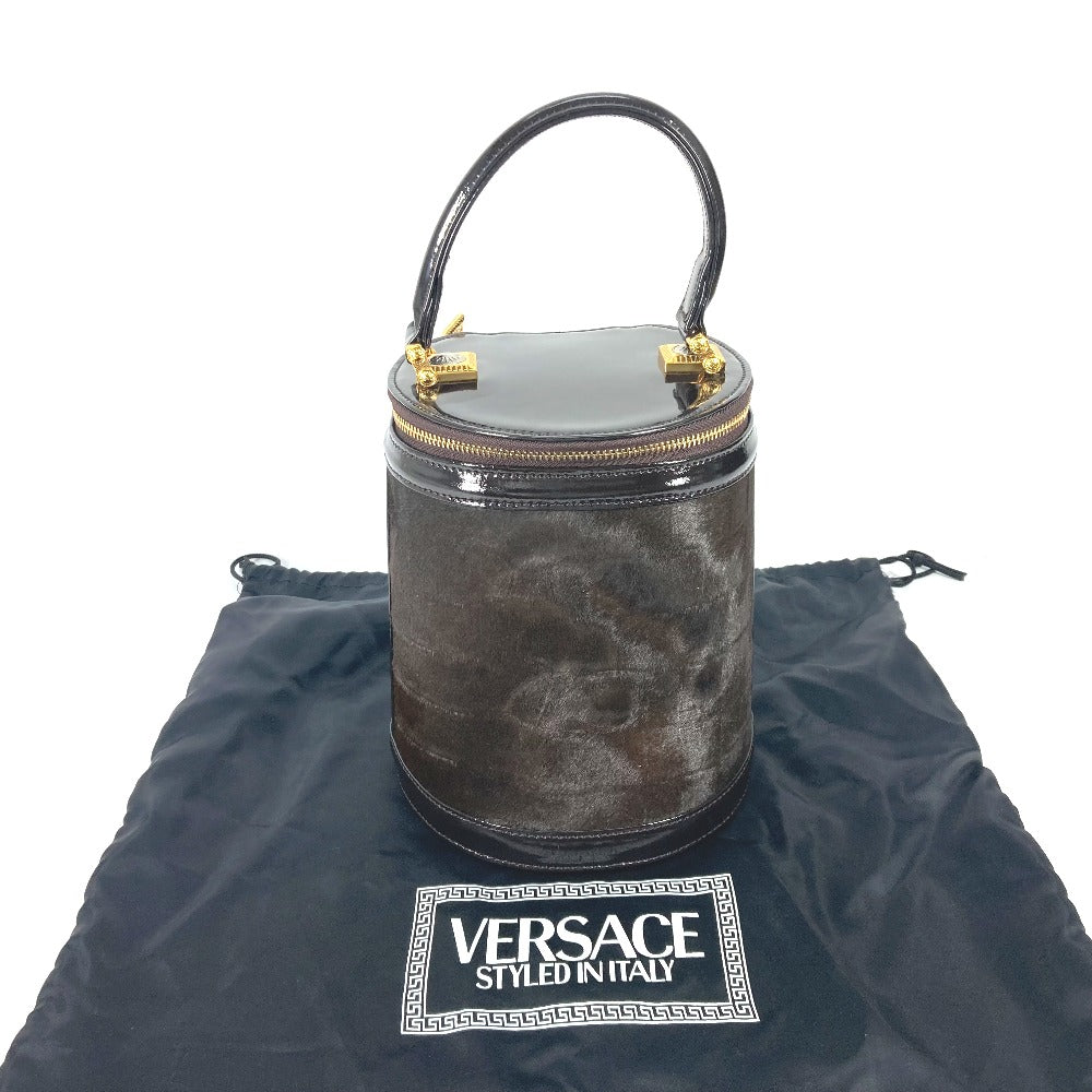 VERSACE Vintage Sunburst Vertical Handbag/Vanity Bag in Brown with Porcelain Leather