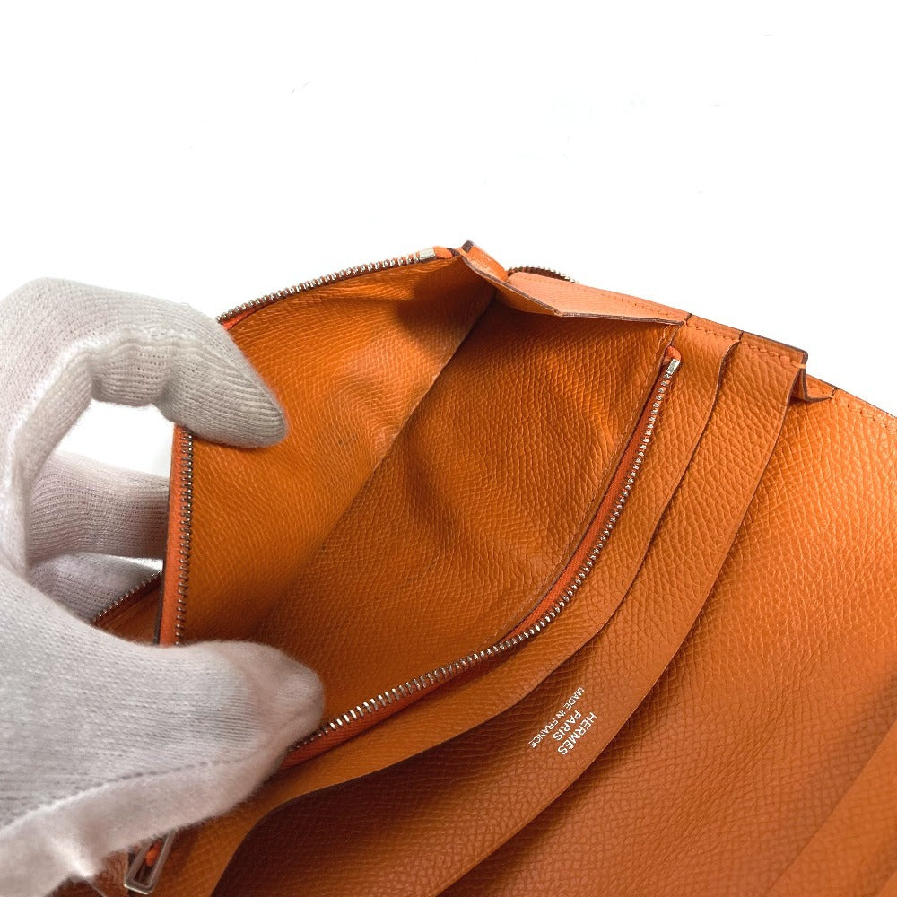 HERMES Azap Integral Long Wallet, Round Zipper, Leather, Unisex, Orange
