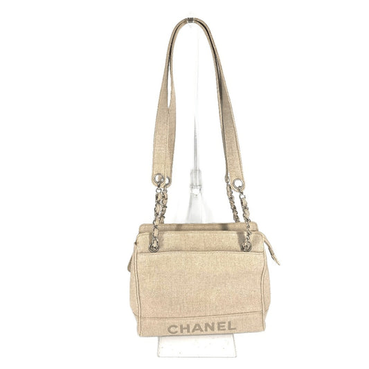 CHANEL Vintage CC Coco Mark Chain Tote Shoulder Bag, Canvas, Women's, Beige