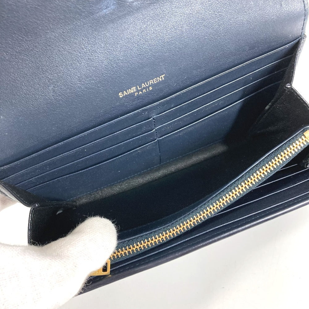SAINT LAURENT PARIS 414567 YSLライン ロゴ ロングウォレット フラップ 長財布 レザー ユニセックス ネイビー