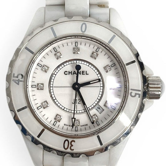 CHANEL J12 12Pダイヤ ダイヤモンド クォーツ ウォッチ ラウンドフェイス 33MM 腕時計 セラミック レディース ホワイト