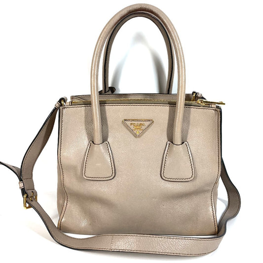 PRADA 2-Way Bag Triangle Logo Plate Handbag Shoulder Bag Crossbody Tote Bag Leather Unisex Beige