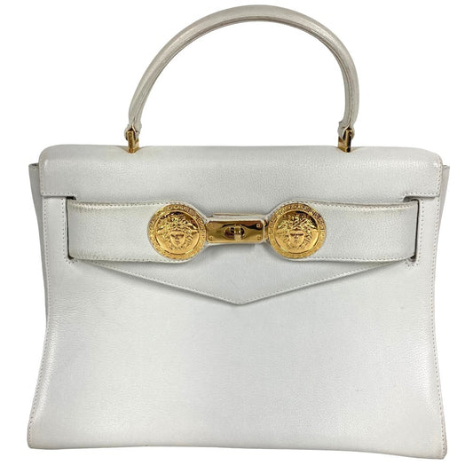 VERSACE vintage medusa logo Bag Flap Tote Bag Hand Bag Leather WhiteBased/Gold Used