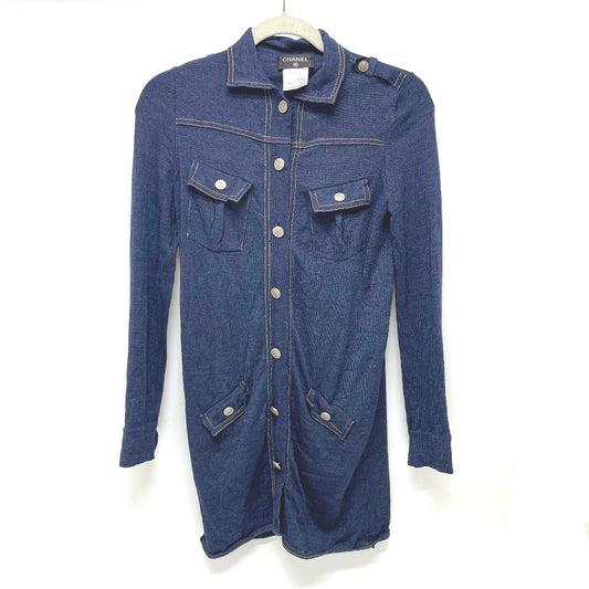 CHANEL P39365 Coco Button Front Open Cardigan Dress Wool Women's Blue